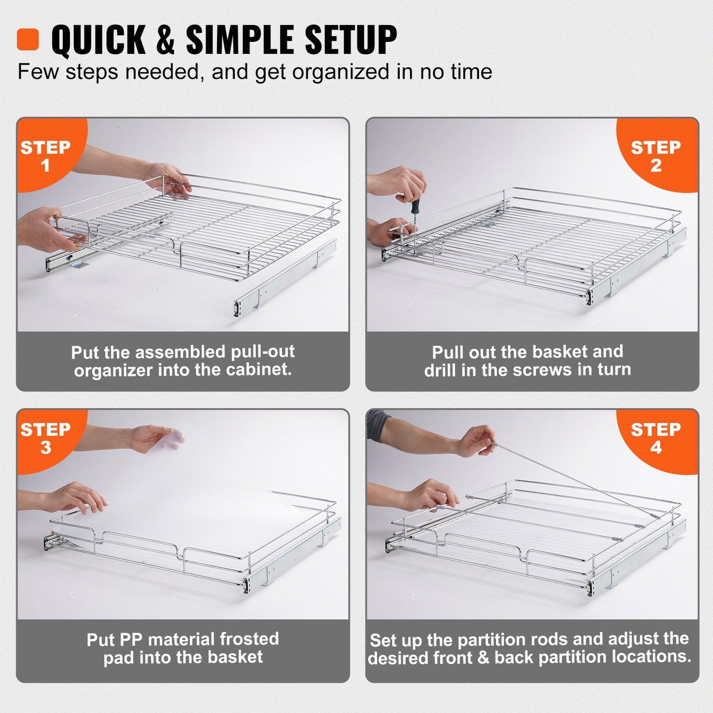20"W x 21"D Pull Out Cabinet Organizer, Heavy Duty Slide Out Pantry Shelves, Chrome-Plated Steel Roll Out Drawers, Sliding Drawer Storage for Home, Inside Kitchen Cabinet, Bathroom, Under Sink