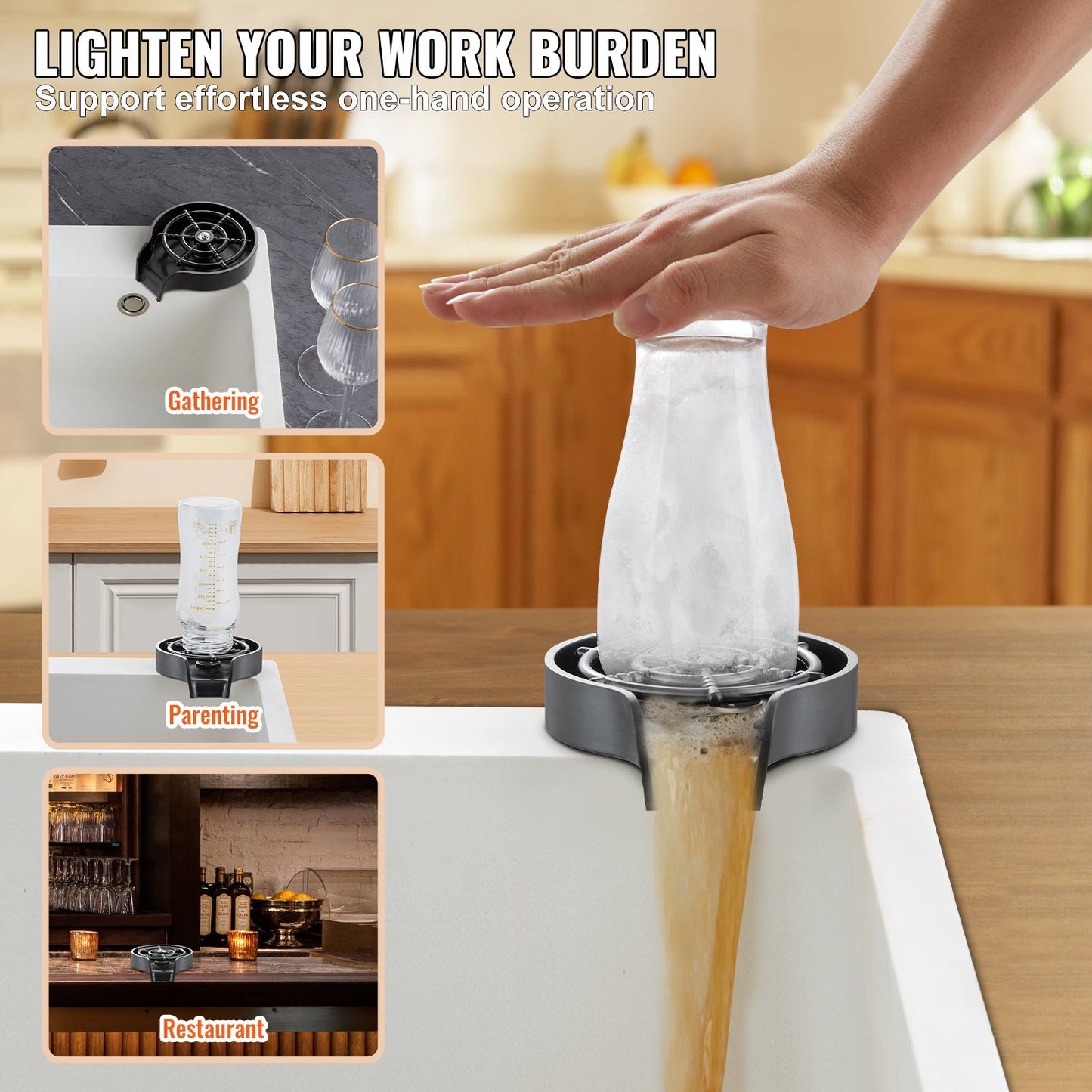 Glass Rinser, 10 Powerful Spraying Jets 360° Rotating Cup Rinser for Sink, Wearproof ABS Kitchen Sink Faucet Cup Washer & ABS Cup Holder for Baby Bottle, Glass Cup, Wine Glass (Black Base)