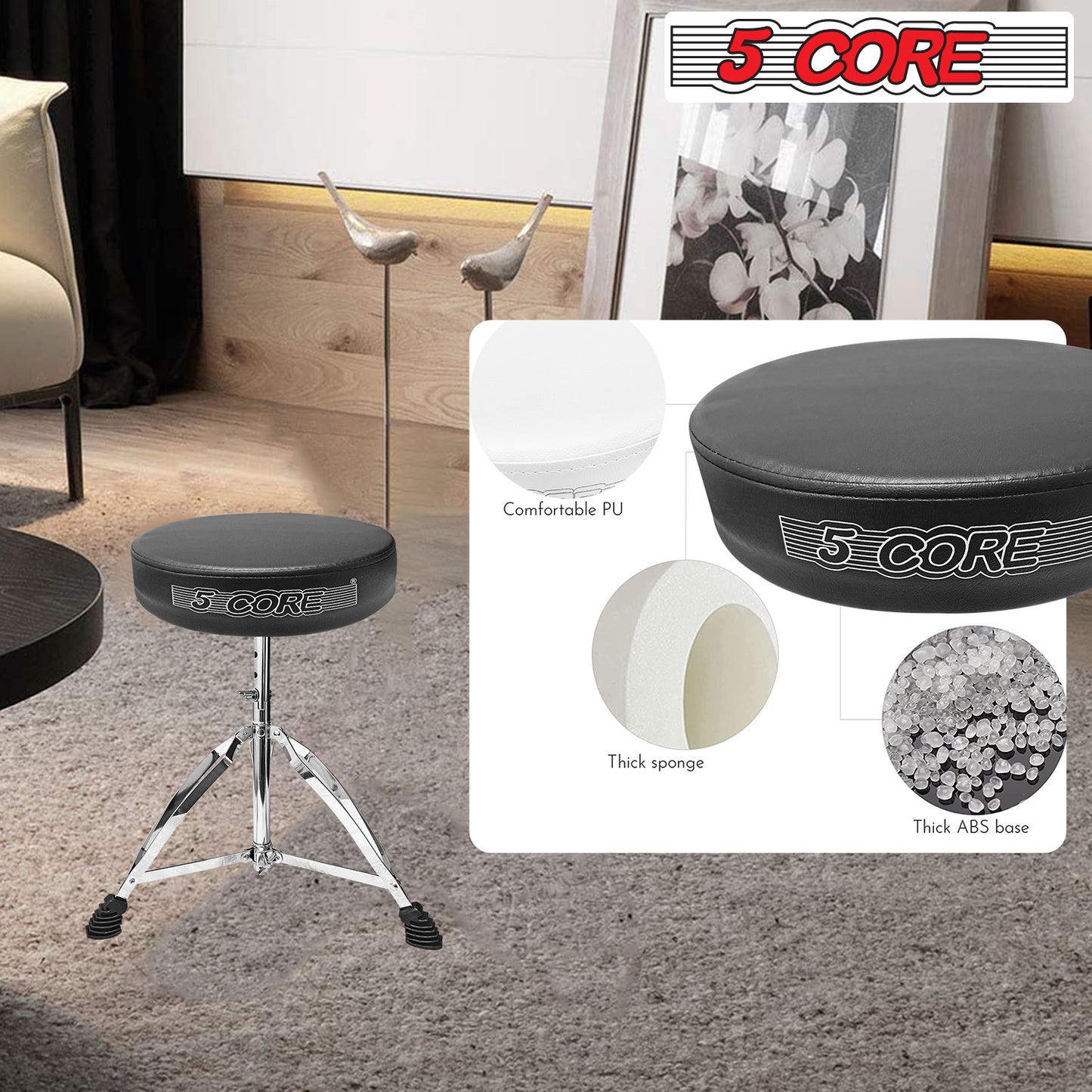 5 Core Drum Throne Comfortable Padded Stool Height Adjustable Music DJ Chair Heavy Duty Seat for Drummer Kids and Adults - DS CH BLK