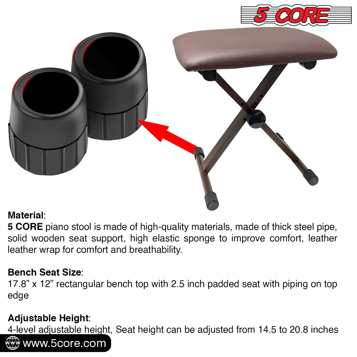 5 Core Keyboard Bench X Style Piano Stool Thick Padded Seat 16.3 to 19.6 inch Adjustable Keyboards Chair Brown - KBB 02 BR