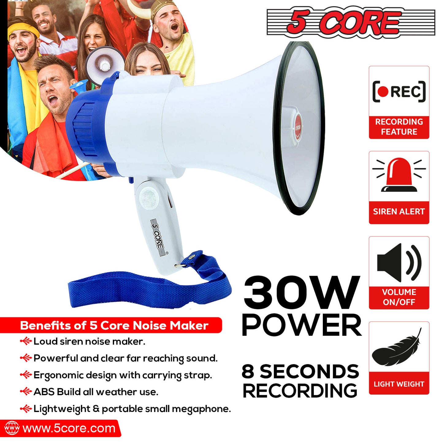 5 CORE Megaphone Bull Horn 30W Loud Speaker 800 Yards Range Rechargeable Portable USB Bullhorn w Recording Volume Control Siren Noise Maker for Kids and Adults for Cheerleading Football Safety Drills
