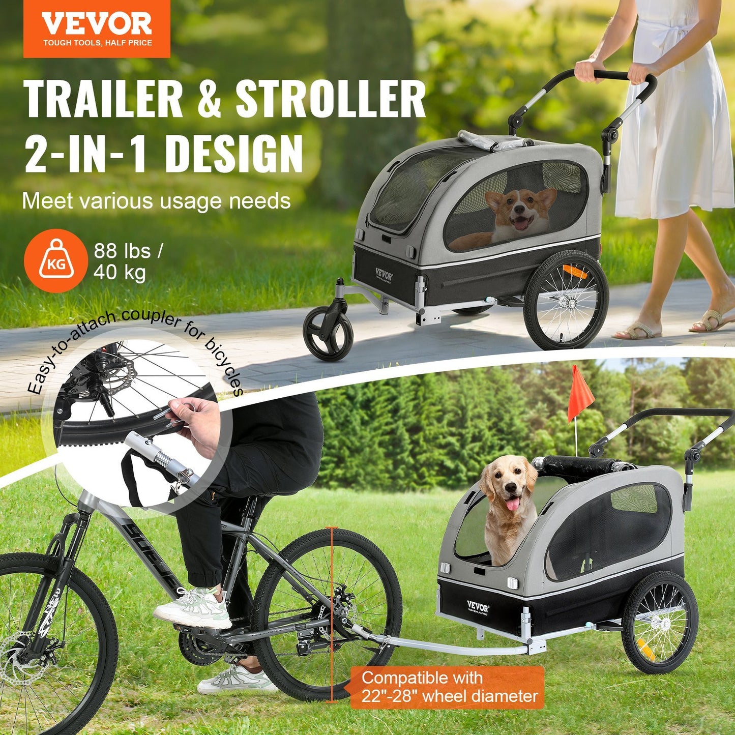 Dog Bike Trailer, Supports up to 88 lbs, 2-in-1 Pet Stroller Cart Bicycle Carrier, Easy Folding Cart Frame with Quick Release Wheels, Universal Bicycle Coupler, Reflectors, Flag, Black/Gray