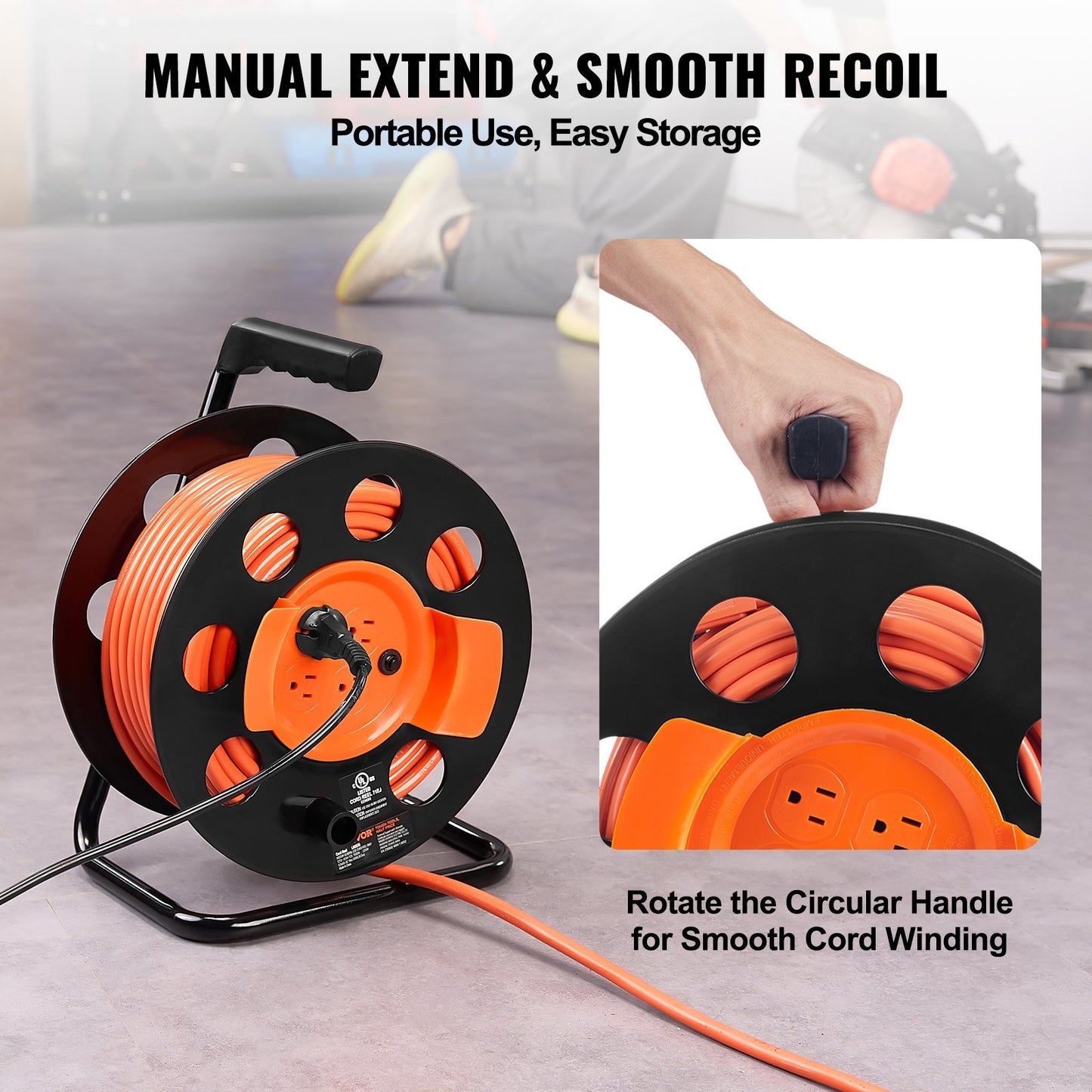 Extension Cord Reel, 100FT, with 4 Outlets and Dust Cover, Heavy Duty 12AWG SJTOW Power Cord, Manual Cord Reel with Portable Handle Circuit Breaker, for Outdoor Indoor Toolshed Garage, UL Listed