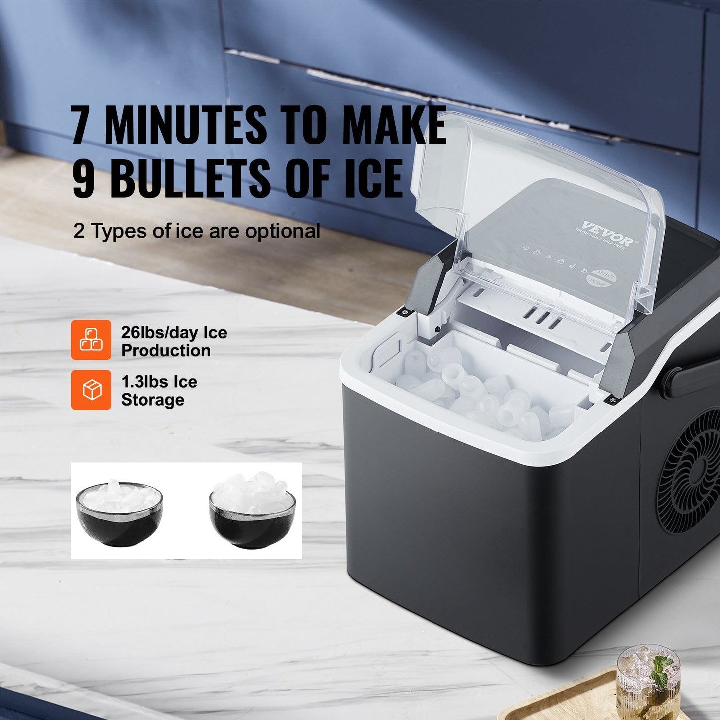 Countertop Ice Maker, 9 Cubes Ready in 7 Mins, 26lbs in 24Hrs, Self-Cleaning Portable Ice Maker with Ice Scoop and Basket, Ice Machine with 2 Sizes Bullet Ice for Home Kitchen Office Bar Party