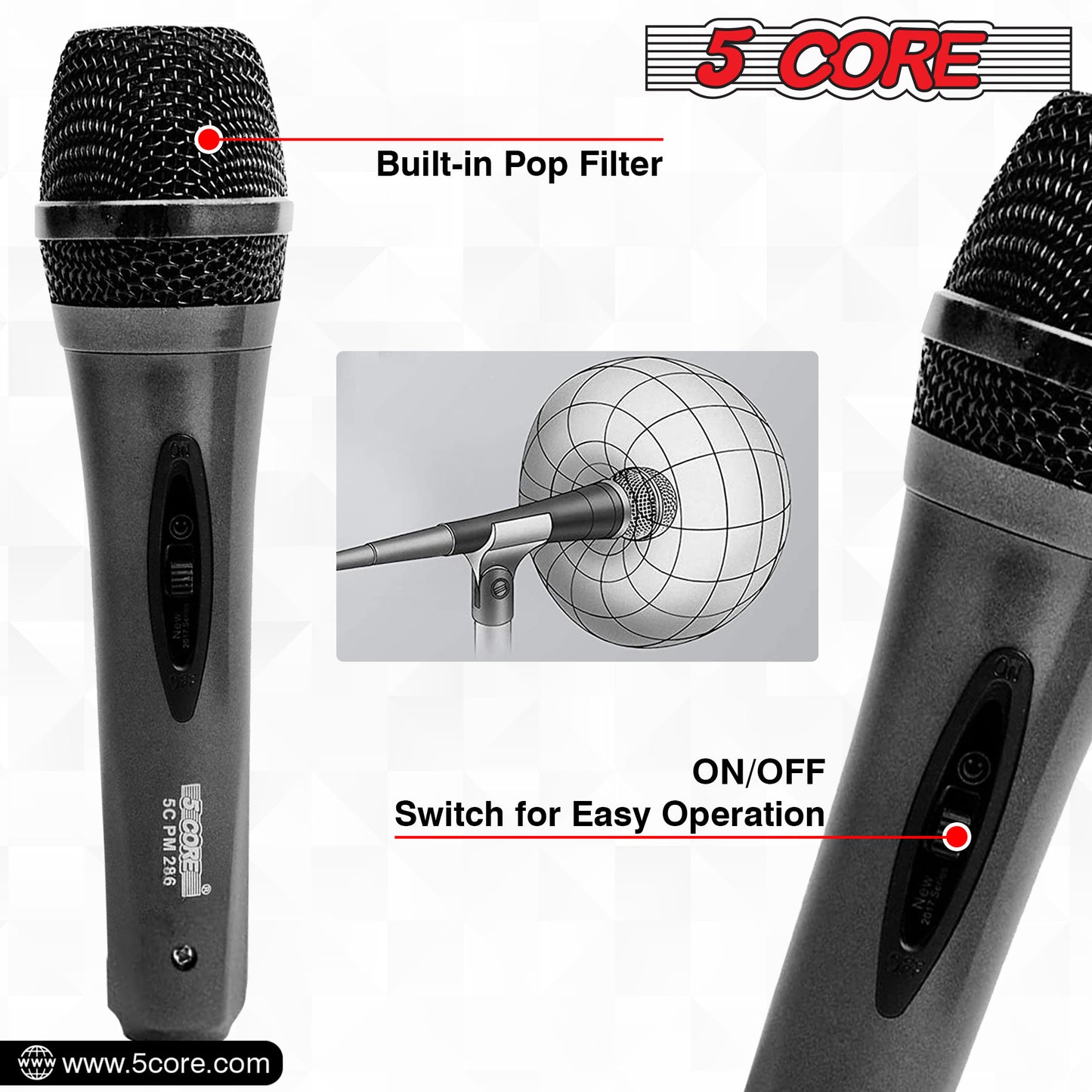 5 Core Microphone XLR Dynamic Mic Karaoke Singing Handheld Microfono Wired Professional Unidirectional 1/4 Plug In Cord Connection for Vocal DJ Music - PM-286