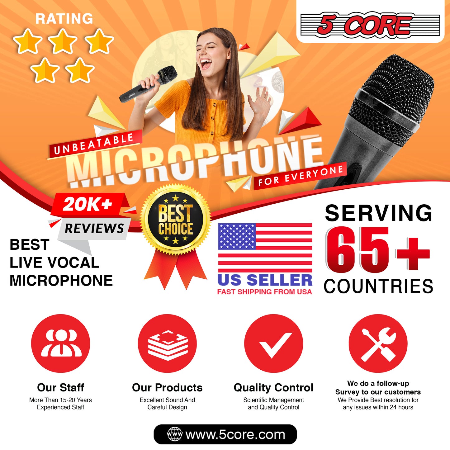 5 Core Microphone XLR Dynamic Mic Karaoke Singing Handheld Microfono Wired Professional Unidirectional 1/4 Plug In Cord Connection for Vocal DJ Music - PM-286