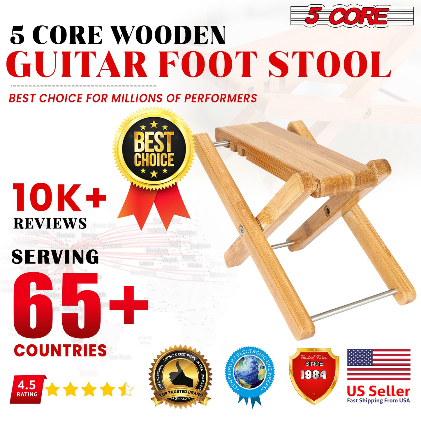 5 Core Guitar Foot Rest Wooden Bamboo Foldable Height Adjustable 4.5" up to 8" Non-Slip Upscale Foot Stand Leg Support Solid Wood Footstool Accessory for Classical Acoustic Guitar - GFS WD