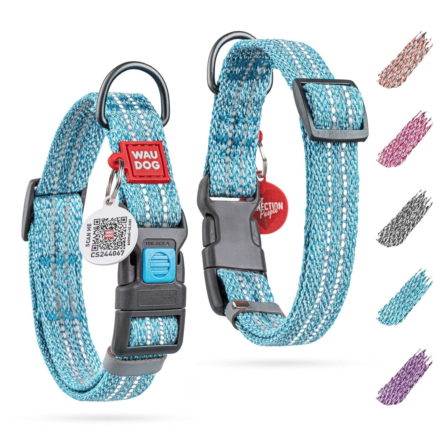Blue Reflective Cotton Dog Collar Eco Friendly Alt to Nylon Collar for Small Medium and Large Dogs 14-23 inch Neck x 1 inch Wide Pet Collar with QR ID Tag