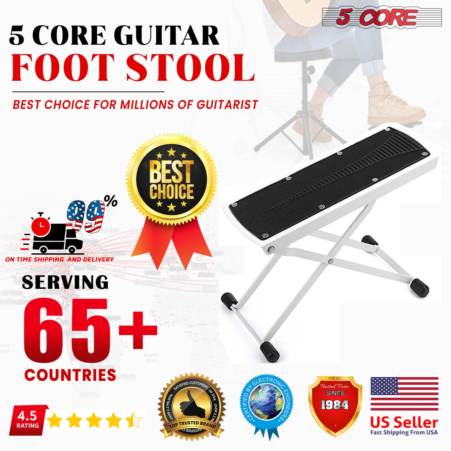 5 Core Guitar Foot Stool Height Adjustable Folding Leg Rest Portable Classical Footrest - GFS WHTE
