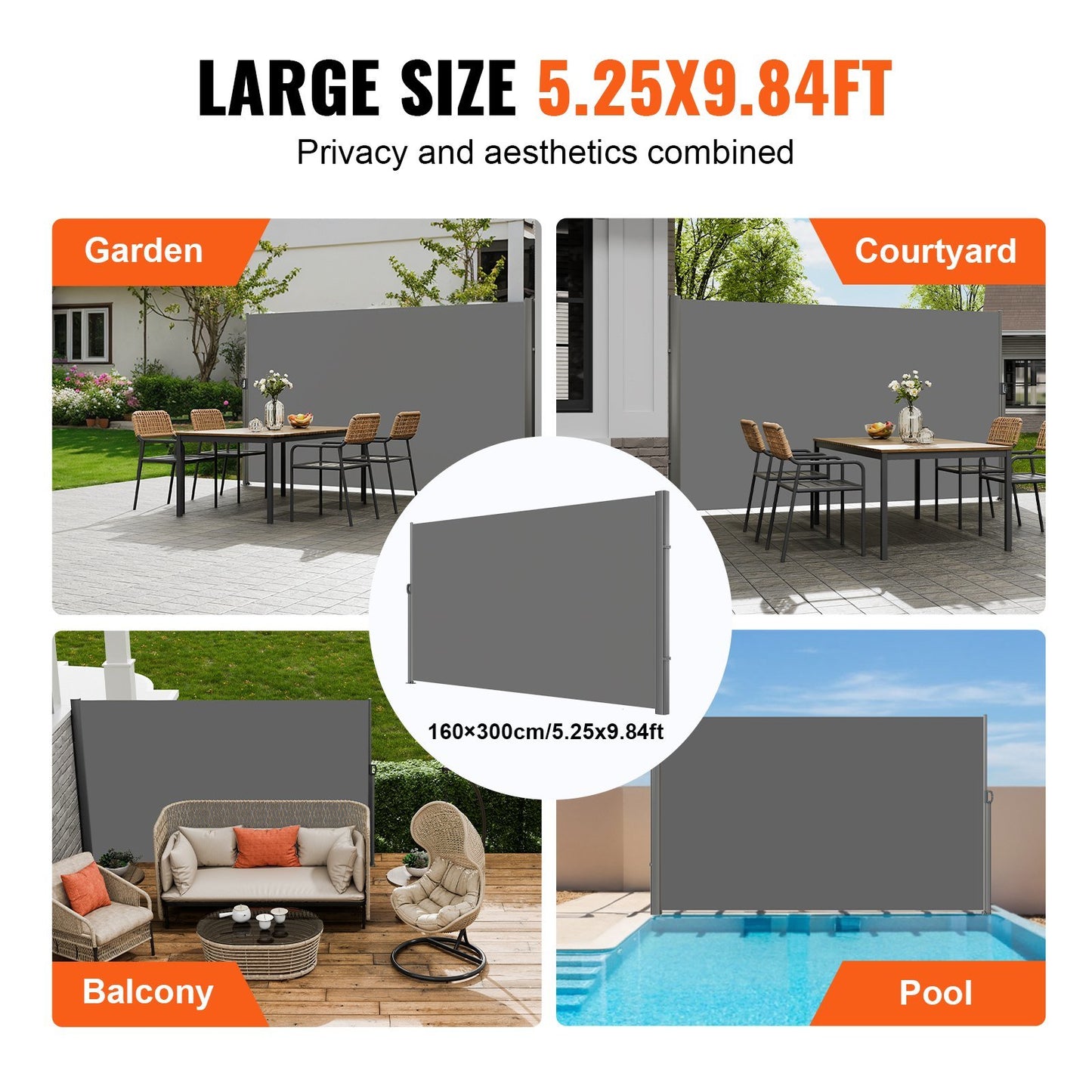 Retractable Side Awning, 63''x 118'' Full Aluminum Rust-Proof Outdoor Privacy Screen, Folding Room Divider Wind Screen for Patio Sun Shade, Backyard, Balcony, Roof Terraces and Pools, Gray