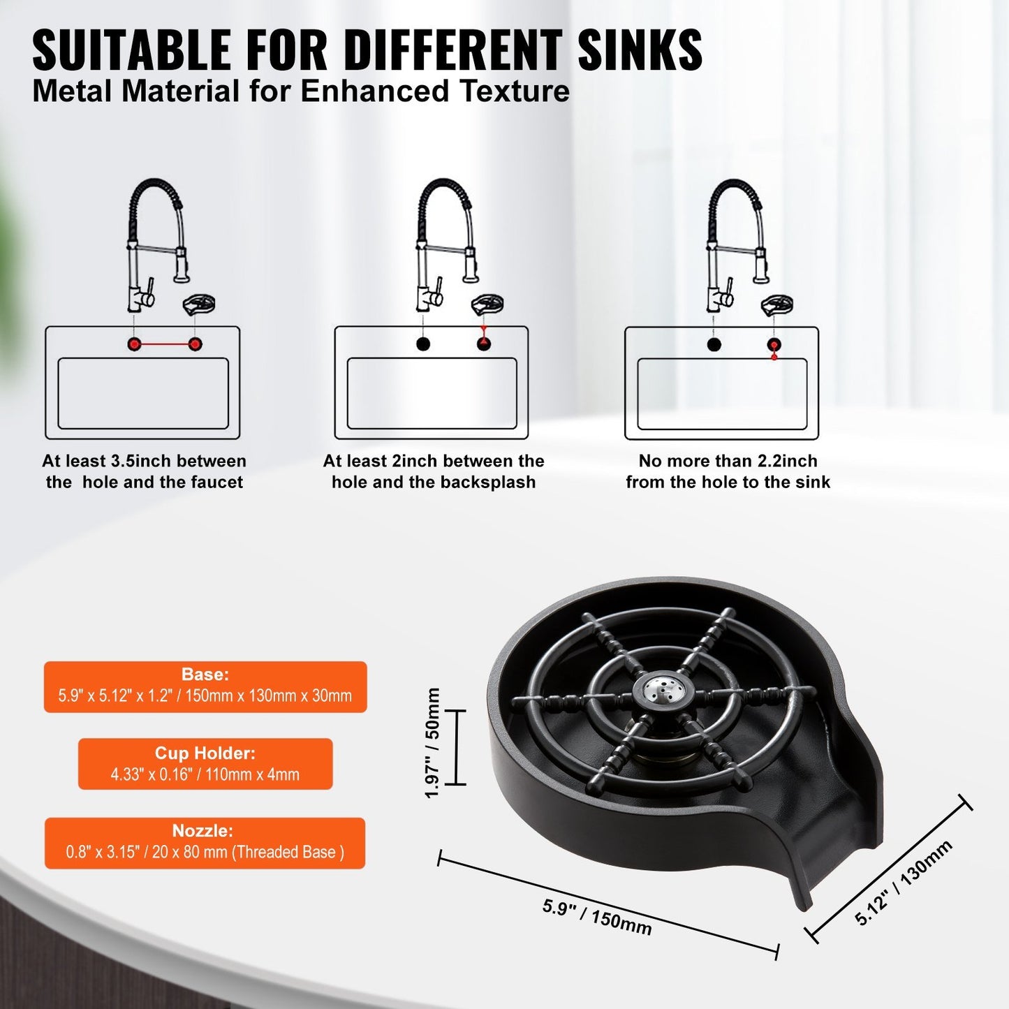 Glass Rinser, 10 Powerful Spraying Jets 360° Rotating Cup Rinser for Sink, Wearproof ABS Kitchen Sink Faucet Cup Washer & ABS Cup Holder for Baby Bottle, Glass Cup, Wine Glass (Black Base)