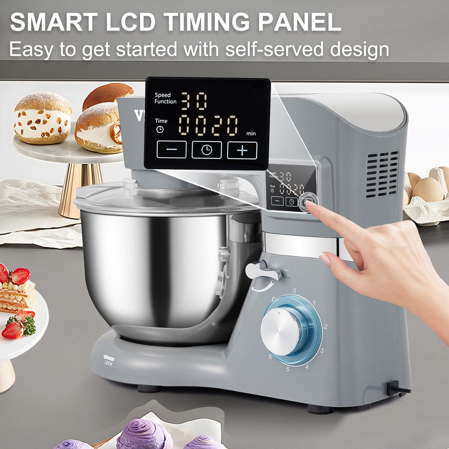 Stand Mixer; 660W Electric Dough Mixer with 6 Speeds LCD Screen Timing; Tilt-Head Food Mixer with 5.8 Qt Stainless Steel Bowl; Dough Hook