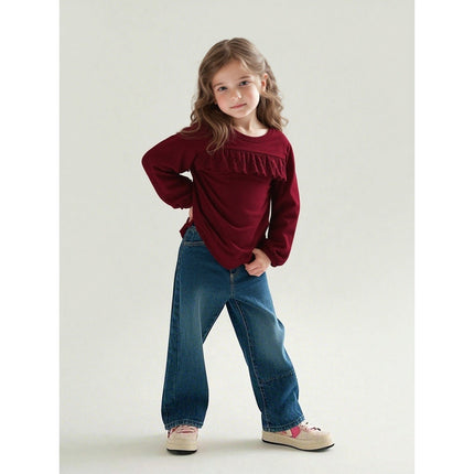 Toddler Girls Top Cat &  Jack Burgundy Long Sleeve Eyelet Lace Ruffle Size 4T