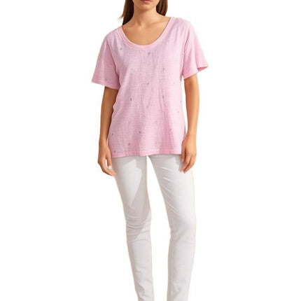 Women Top Charter Club Cotton Printed Shine Heart T-Shirt Size Medium Pink