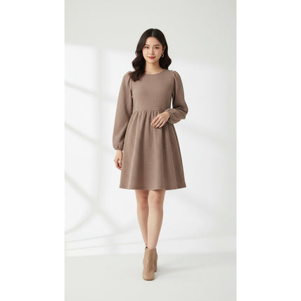 Women Dress Sampeel Textured Puff Sleeve Fit and Flare  Brown Long Sleeve Sz S