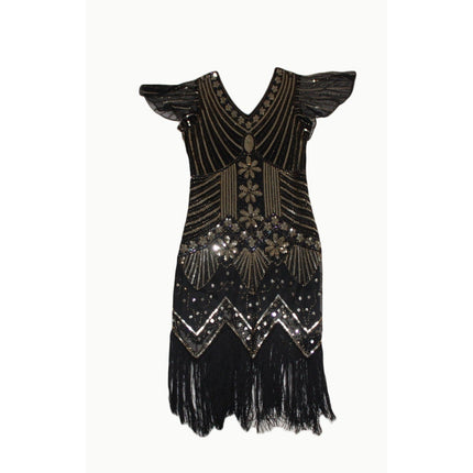 Fundaisy Vintage Style 1920s Flapper Dress Sequin Fringe Size M Black Gold Navy