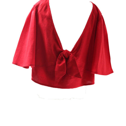 Teen Shirt A New Day Teen Girls Flutter Short Sleeve Tie-Front Shirt Size M Red