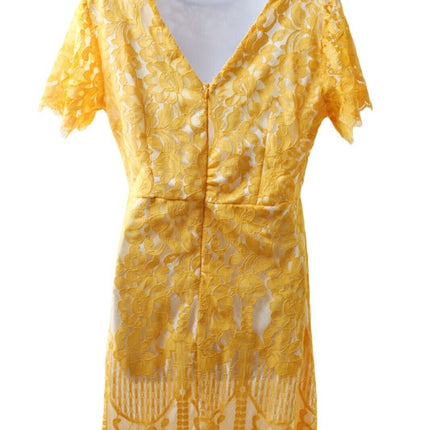 Women Dress MSLG Missy Women Yellow Lace Short Sleeve Dress Size Large
