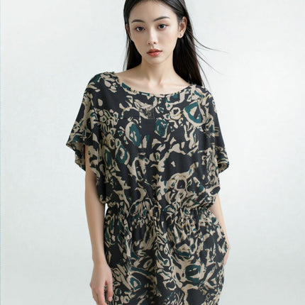 Women's Dress Rachel Roy Short Sleeve Printed Dress Sz M Black/Tan/Green