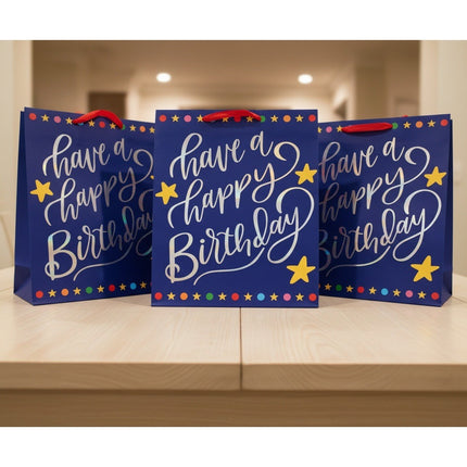 Set of 3 Large Happy Birthday Gift Bags Red Multi Color Lettering 19x15