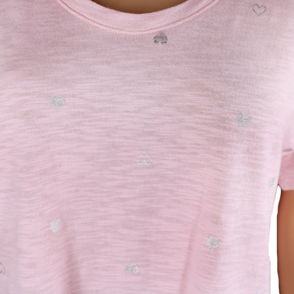 Women Top Charter Club Cotton Printed Shine Heart T-Shirt Size Medium Pink