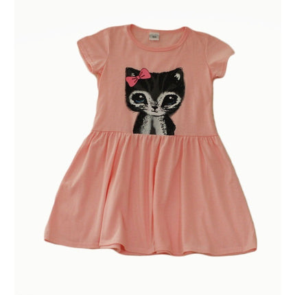 Girls Peach Pink Cat Graphic Short Sleeve Drop Waist T-Shirt Dress Size 130
