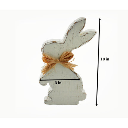 Distressed White Wooden Bunny Figurine Raffia Bow Easter Decor