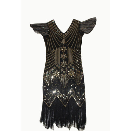 Fundaisy Vintage Style 1920s Flapper Dress Sequin Fringe Size M Black Gold Navy