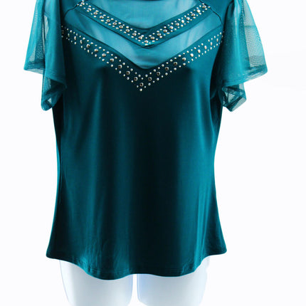 Petite Studded Short Flutter Sleeve Top Size Petite Medium Green