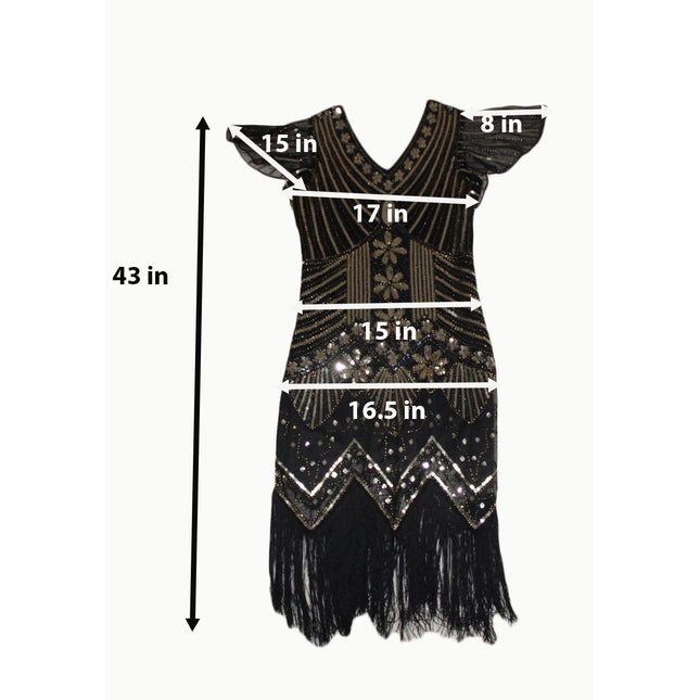 Fundaisy Vintage Style 1920s Flapper Dress Sequin Fringe Size M Black Gold Navy