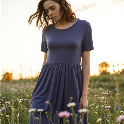 Women Dress Longyuan Women Short Sleeve Dress Size M Blue