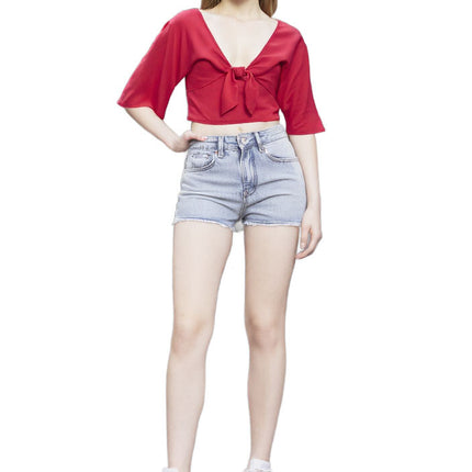 Teen Shirt A New Day Teen Girls Flutter Short Sleeve Tie-Front Shirt Size M Red
