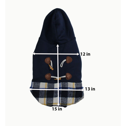 Navy Blue Dog Hoodie Plaid Trim Sherpa Lined Toggle Coat Pet Jacket M
