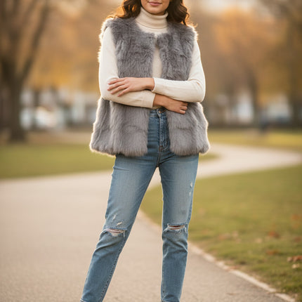 Women Vest La Fiorentina Women's Plush Rabbit Fur Vest Size Size S/M Gray