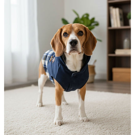 Navy Blue Dog Hoodie Plaid Trim Sherpa Lined Toggle Coat Pet Jacket M