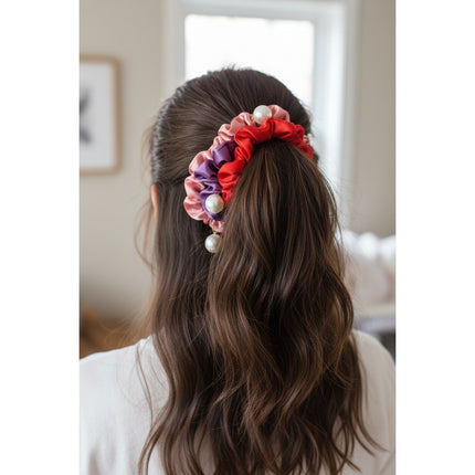 A New Day Hair Ties Scrunchies Set 3 Pearl Embellished Red Purple Pink Satin