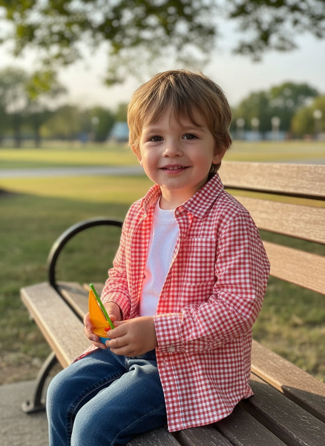 Boys Poplin Check Long Sleeve Button-Down Shirt XS