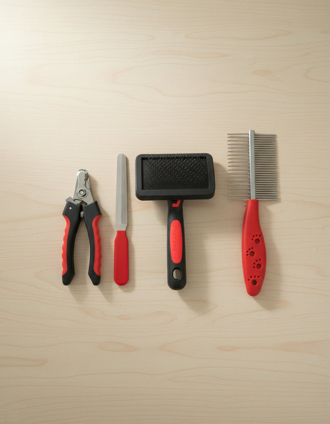 Pet Grooming Kit 4 Piece Set Dog Cat Slicker Brush Nail Clippers Comb File Red