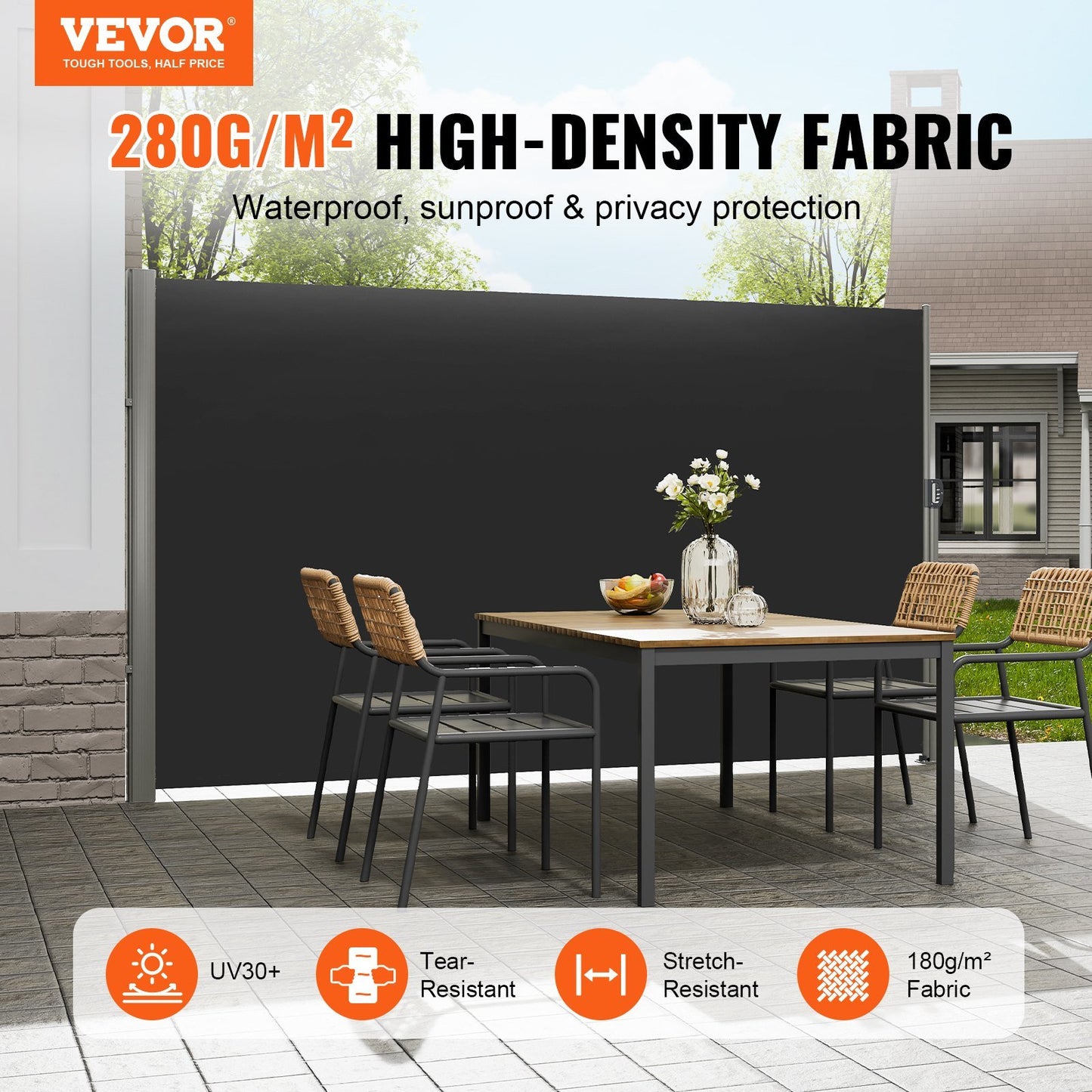 Retractable Side Awning 118" x 71", Retractable Patio Screen Waterproof, Retractable Room Divider Black for Privacy, Garden, Outdoor, Patio and Terrace