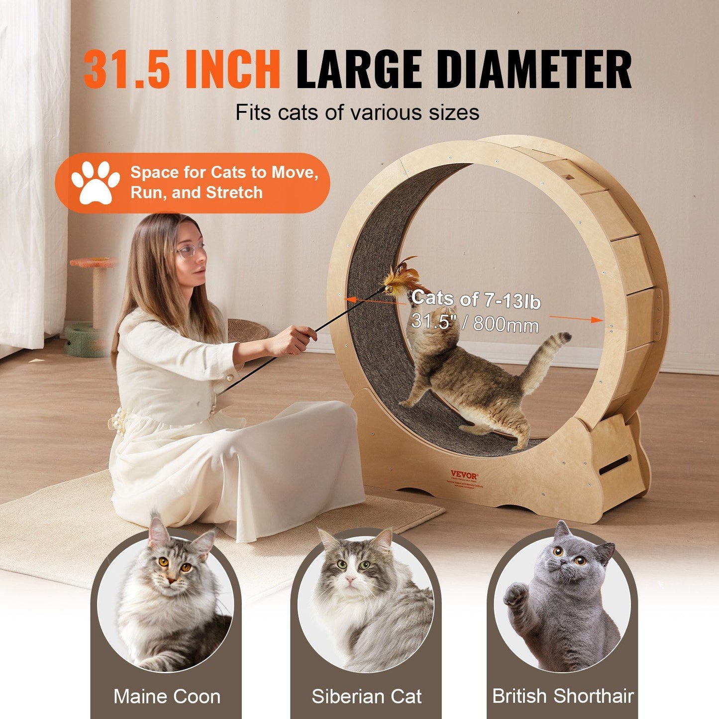 Cat Exercise Wheel, Large Cat Treadmill Wheel for Indoor Cats, 35.8 inch Cat Running Wheel with Detachable Carpet and Cat Teaser for Running/Walking/Training, Suitable for Most Cats