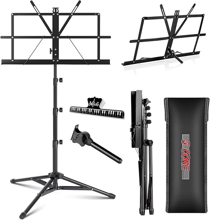5 Core Music Stand 2 in 1 Dual Use Sheet Music Professional Portable Adjustable 27.6-67 Inch Folding Music Note Holder Tripod Stands - MUS FLD 4S BLK
