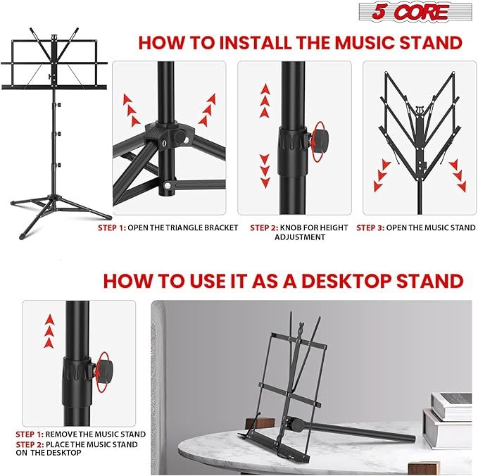5 Core Music Stand 2 in 1 Dual Use Sheet Music Professional Portable Adjustable 27.6-67 Inch Folding Music Note Holder Tripod Stands - MUS FLD 4S BLK