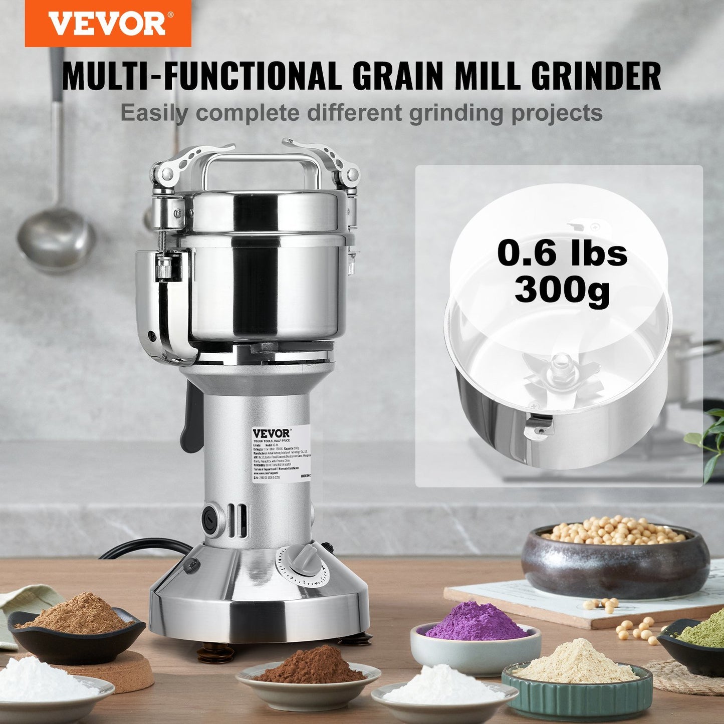 VEVOR 300g Electric Grain Mill Grinder, High Speed 1900W Commercial Spice Grinders, Stainless Steel Pulverizer Powder Machine, for Dry Herbs Grains Spices Cereals Coffee Corn Pepper, Straight Type