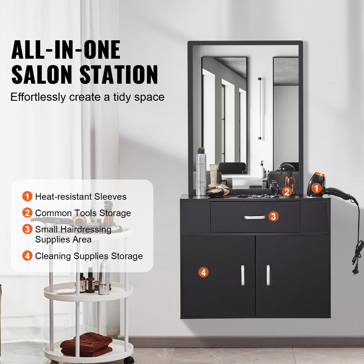 Salon Storage Cabinet, Wall Mounted Barber Salon Station for Hair Stylist, Hair Stylist Station Set, with 3 Sleeves, A Mirror, Double-door Cabinet, and A Drawer, Black