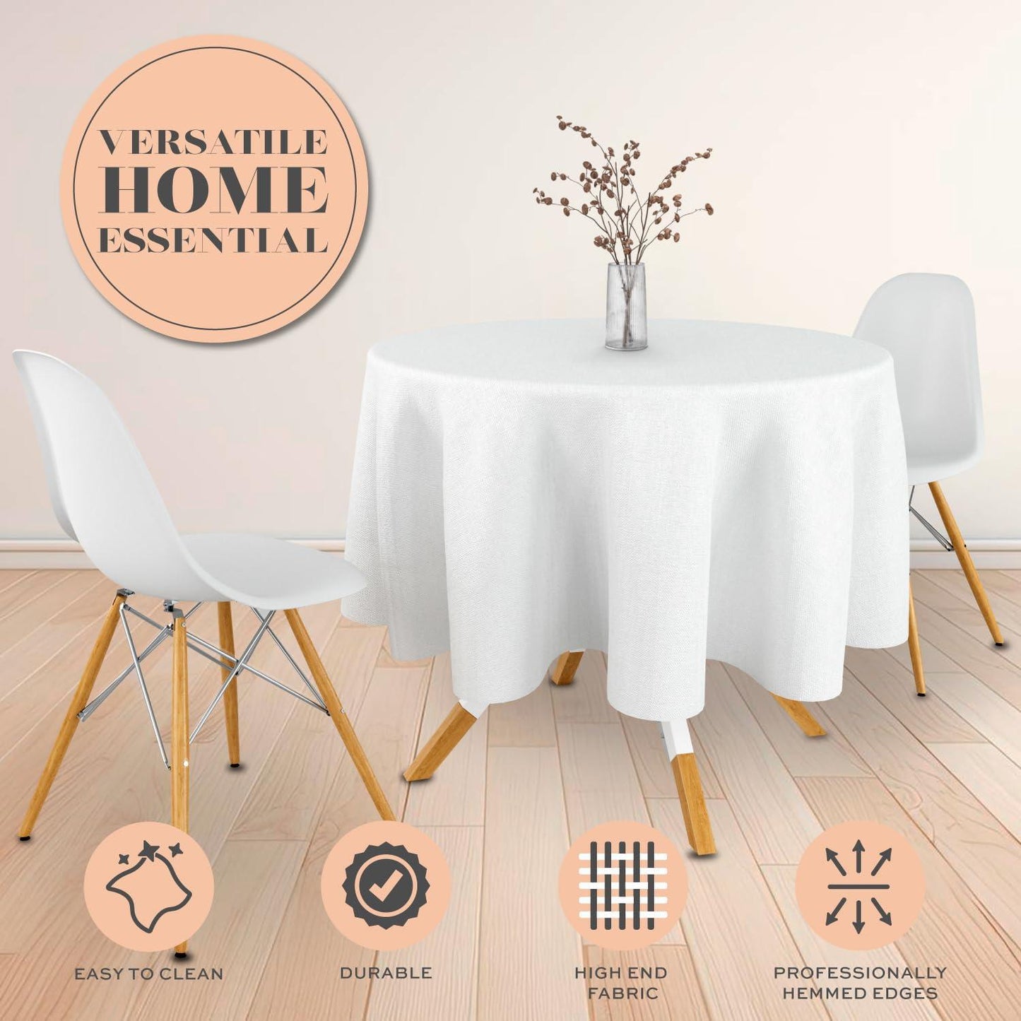 2 Pack White Round Tablecloths 60 Inch for 20-48 in Tables 200 GSM Premium Quality Textured Washable Polyester Fabric Table Cloth [60'' is Not Table Size]