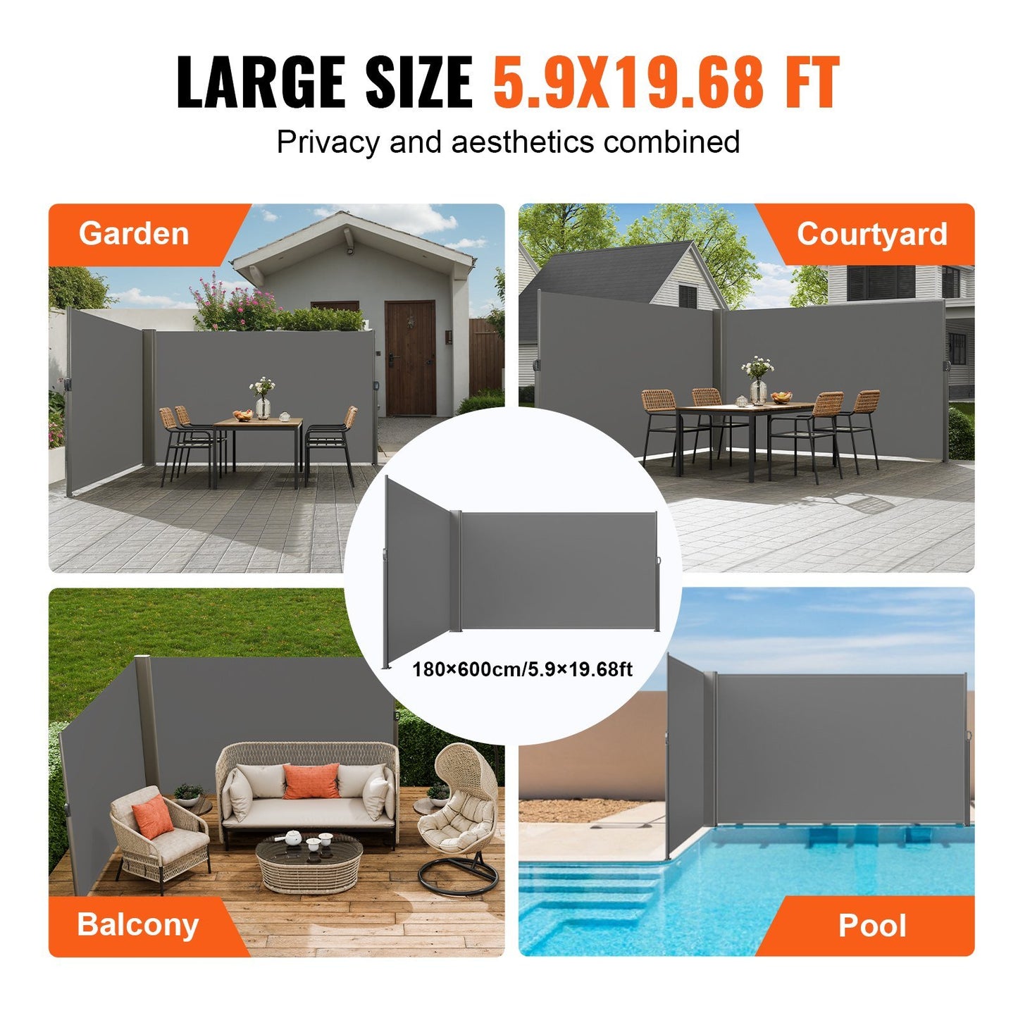 Retractable Side Awning, 71''x 236'' Full Aluminum Rust-Proof Patio Sunshine Screen, Outdoor Privacy Divider & Wind Screen, Works for Courtyard, Balcony, Roof Terraces and Pools, Gray