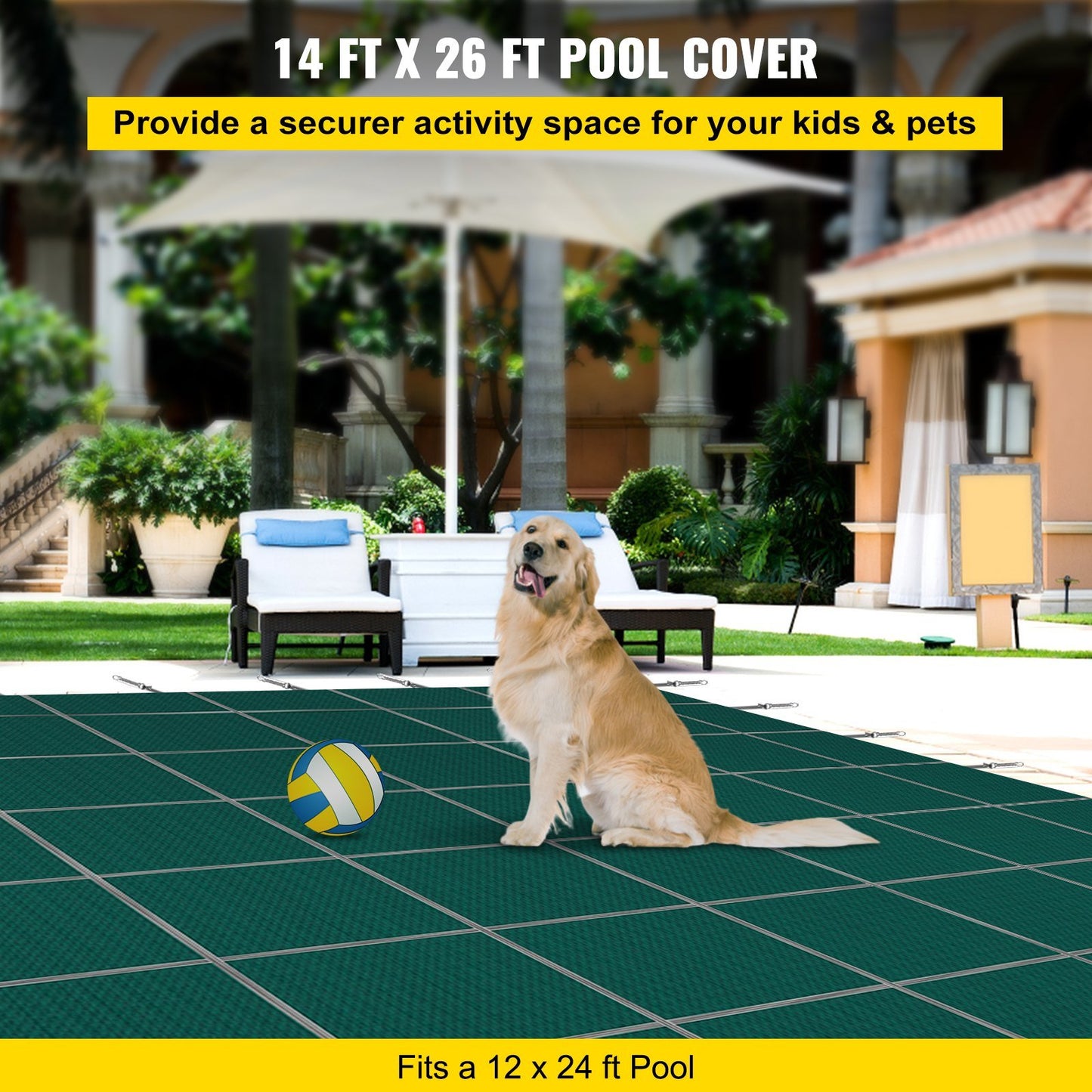 VEVOR Inground Pool Saftey Cover, 14 x 26 ft Rectangular Winter Pool Cover, Triple Stitched, High Strength Mesh PP Material With Good Rain Permeability, Installation Hardware Included, Green