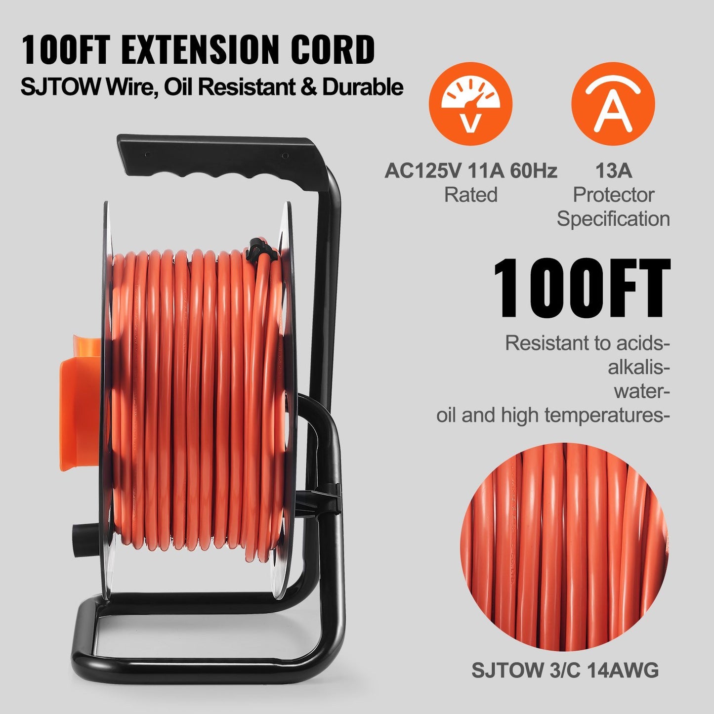 Extension Cord Reel, 100FT, with 4 Outlets and Dust Cover, Heavy Duty 14AWG SJTOW Power Cord, Manual Cord Reel with Portable Handle Circuit Breaker, for Outdoor Indoor Toolshed Garage, UL Listed