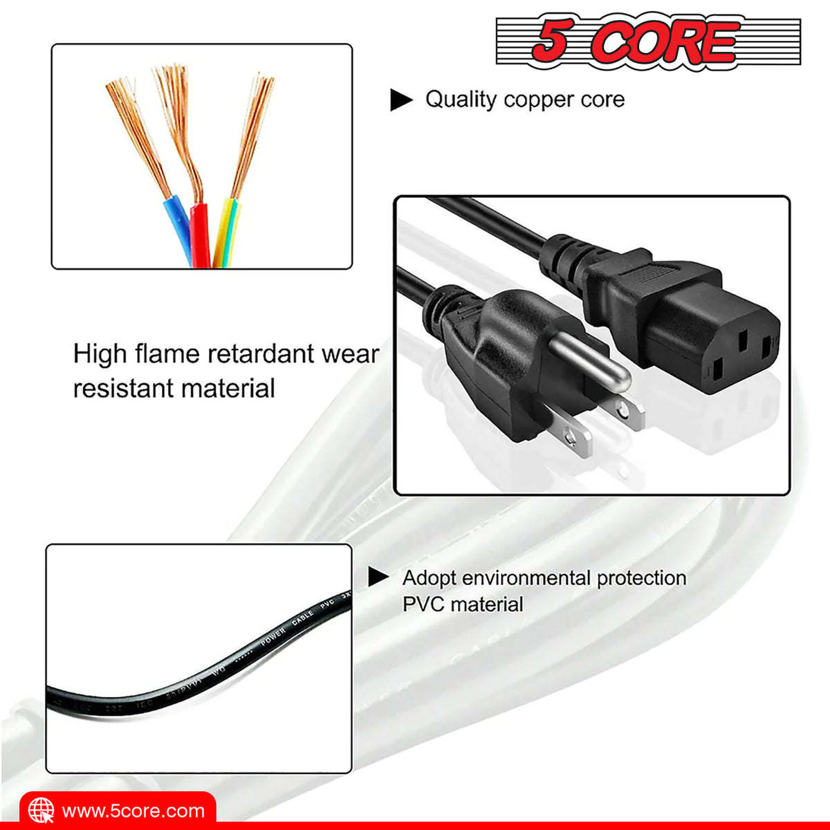 5 Core AC Power Extension Cord 10Ft 3 Prong Adapter 16AWG/2C 125V 13A US Polarized Male to Female - PC 1002