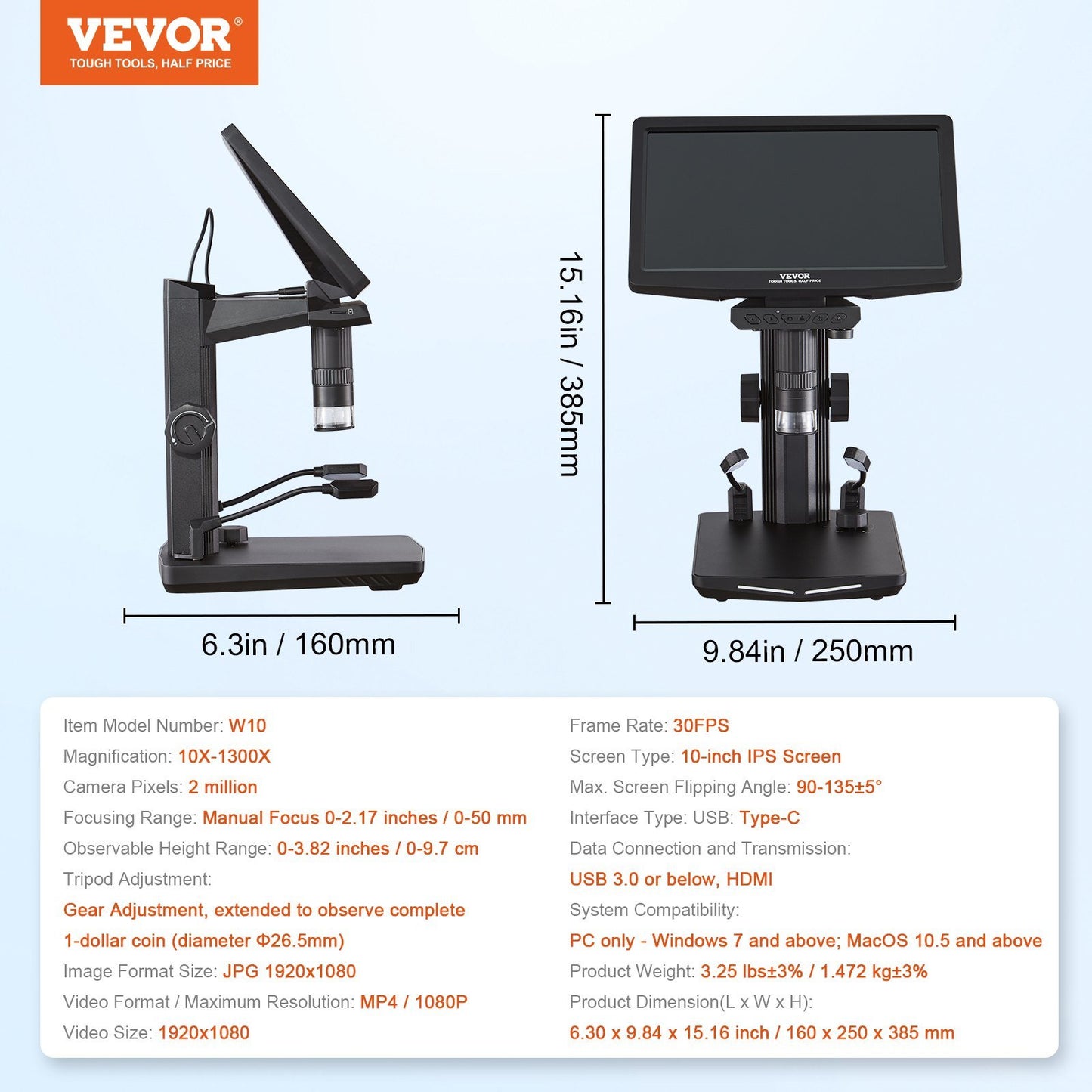 10.1" HDMI LCD Digital Microscope for Adults, Soldering Electron Microscope 1300X with IPS Screen, 8 LED Lights, 2 Flexible Side Lights, PC View, USB Coin Microscope for Windows/MacOS/TV, 32GB